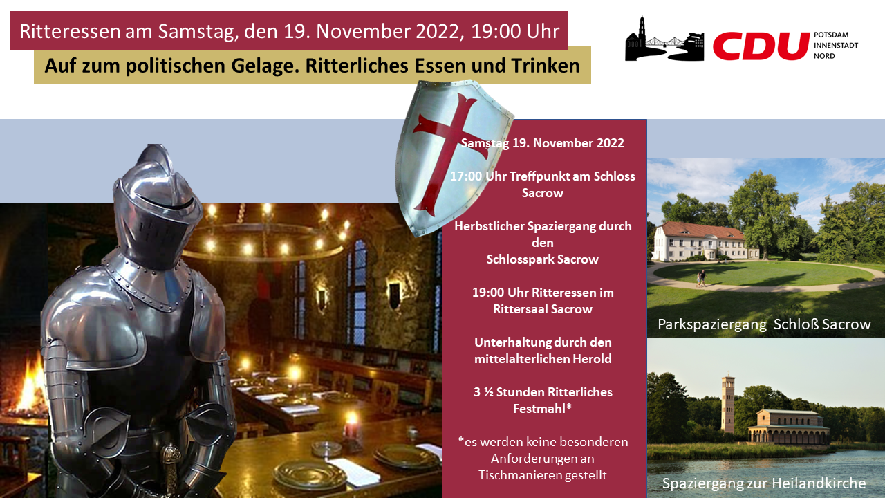 Samstag 19. November Ritteressen im Rittersaal Sacrow 